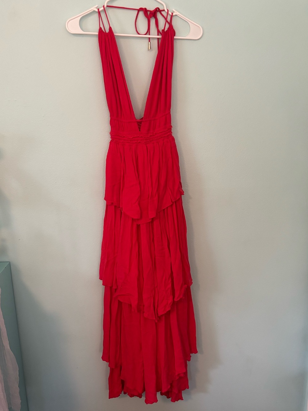 Red Tiered Maxi Dress with Plunging V-Neck